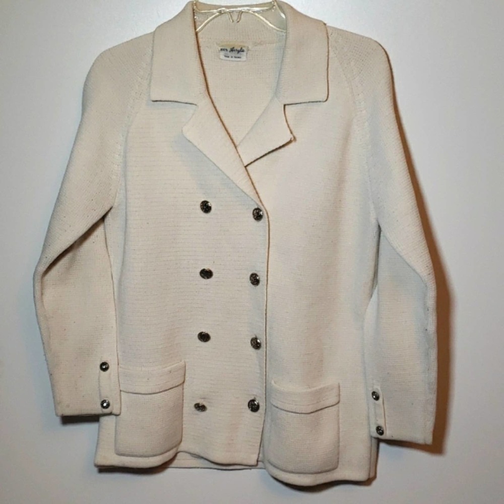 Vintage Double Breasted Sweater Jacket Knit Winter White Lg 100% Acrylic